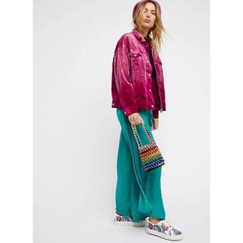 NEW Free People Magenta Pink Velvet Trucker Oversized Jacket M L